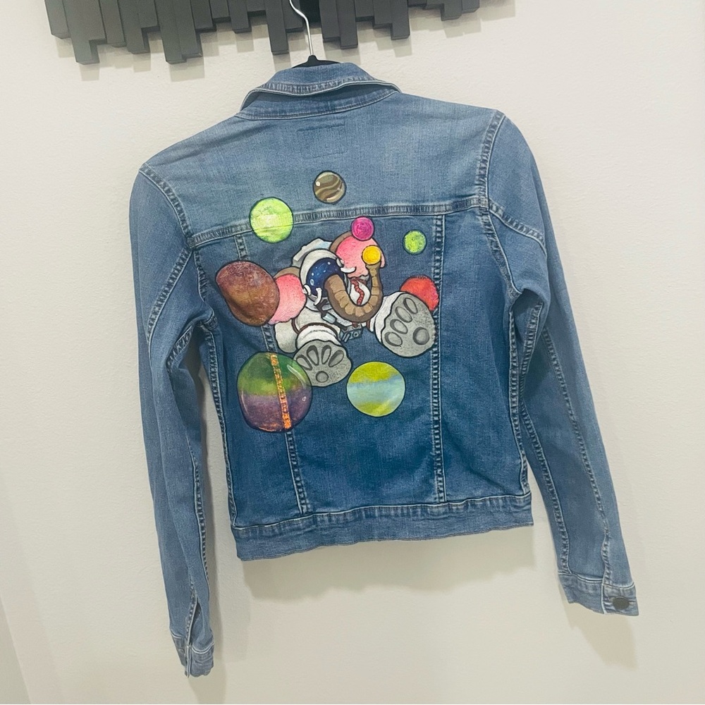 Koaj Hand Painted Denim Jacket Womens Size M Unique Space Elephant Astronaut